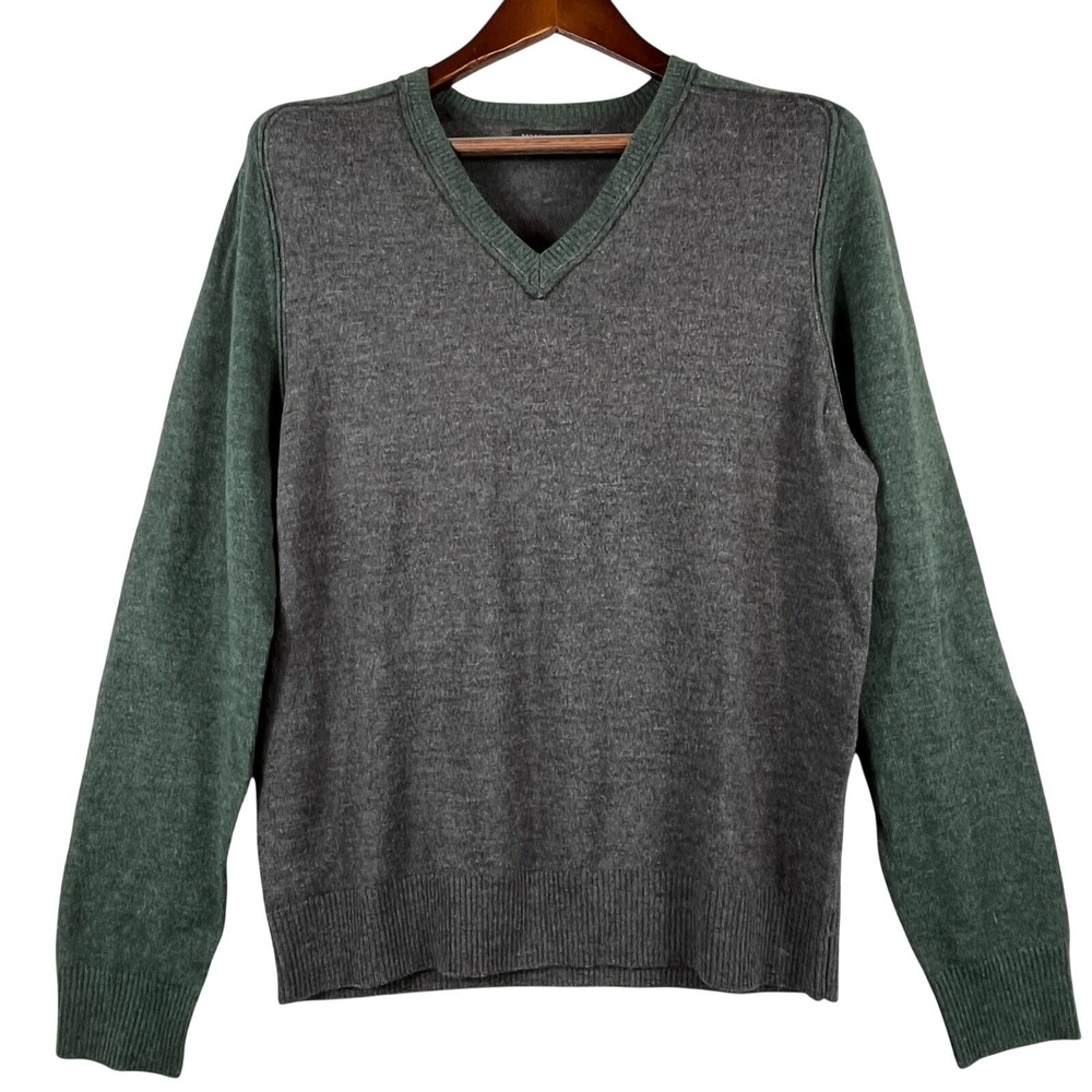 Banana Republic Womens M Merino Wool V Neck Sweater Gray Green Colorblock